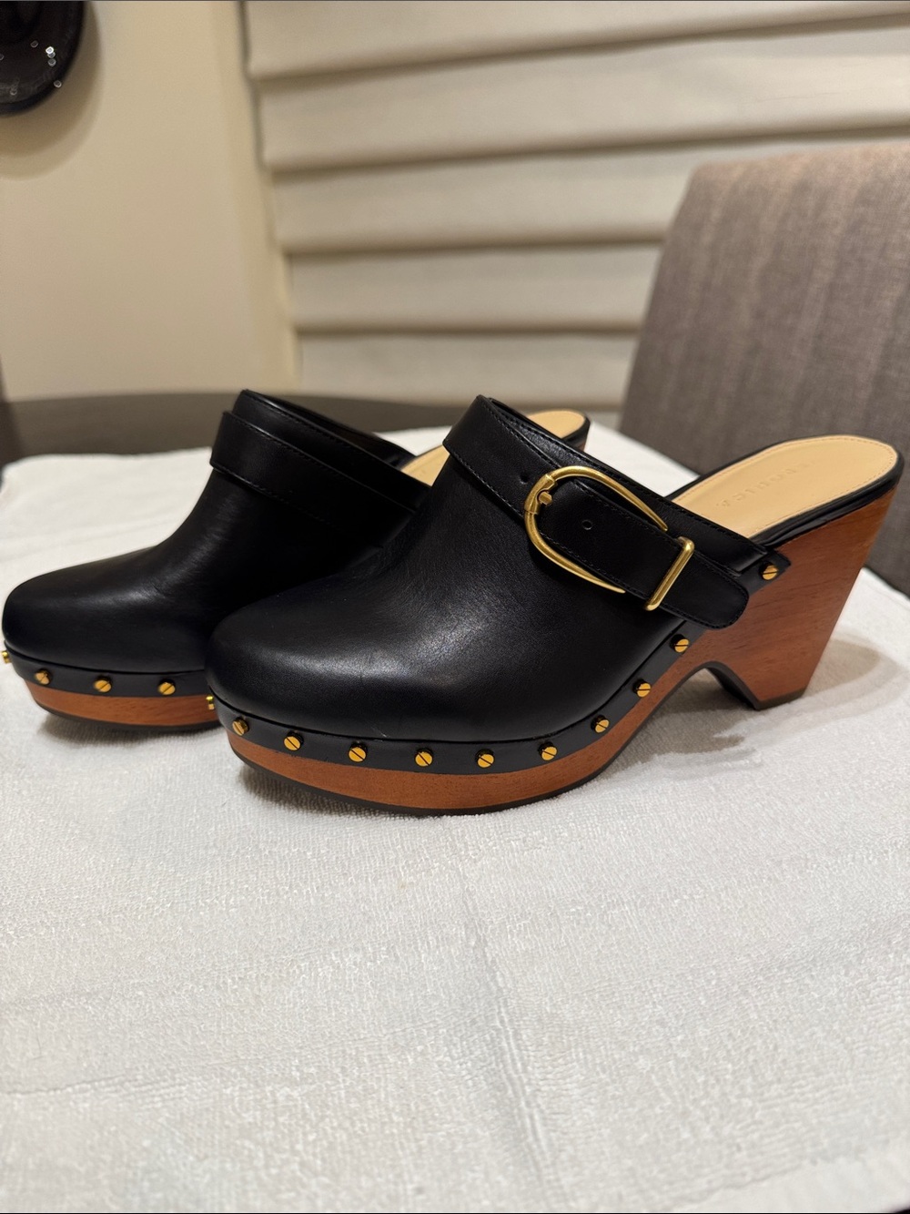 Veronica Beard Black Leather Studded Wooden Clog Mules